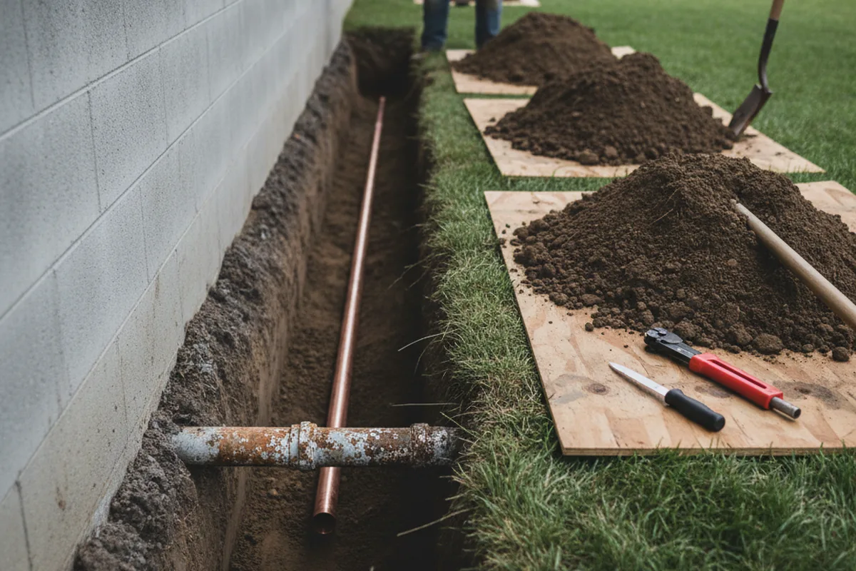 Excavated water line trench during Water Softener Installation in Sutherlin
